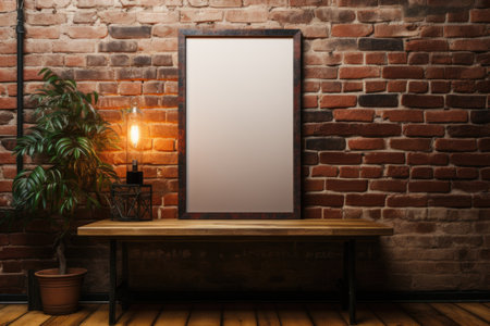 A wooden mockup frame against a textured brick wall, creating an inviting rustic ambiance. Generative AIの素材
