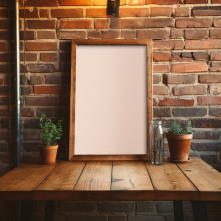 A wooden frame mockup set against an exposed brick backdrop, exuding a distinct rustic charm. Generative AIの素材