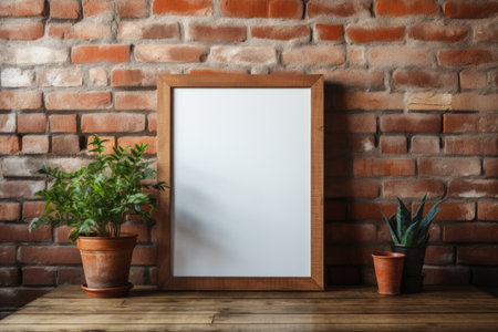 Positioned against a brick wall, a wooden mockup frame adds a touch of comforting rustic allure. Generative AIの素材