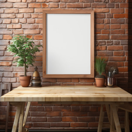 Positioned against a brick wall, a wooden mockup frame adds a touch of comforting rustic allure. Generative AIの素材
