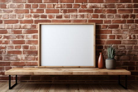 A wooden frame mockup set against an exposed brick backdrop, exuding a distinct rustic charm. Generative AIの素材