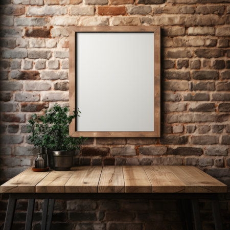 A mockup frame of wood, leaned against a sturdy brick wall, offering an inherent rustic warmth. Generative AIの素材