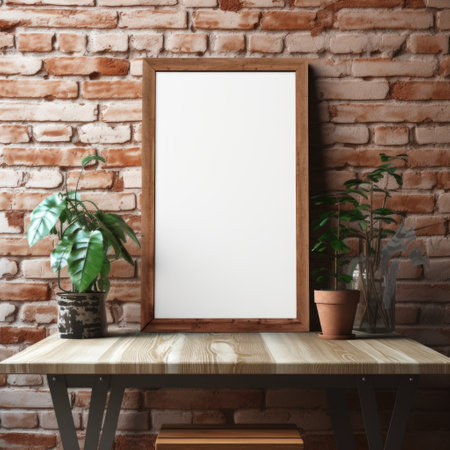 Positioned against a brick wall, a wooden mockup frame adds a touch of comforting rustic allure. Generative AIの素材