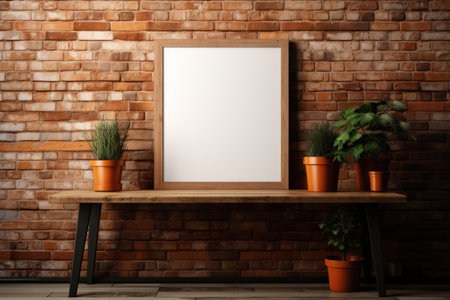 A wooden frame mockup set against an exposed brick backdrop, exuding a distinct rustic charm. Generative AIの素材