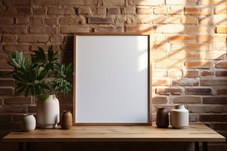 Positioned against a brick wall, a wooden mockup frame adds a touch of comforting rustic allure. Generative AIの素材
