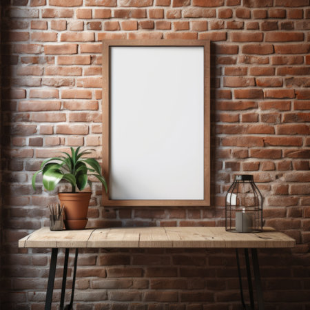 Positioned against a brick wall, a wooden mockup frame adds a touch of comforting rustic allure. Generative AIの素材