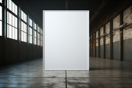 A striking, oversized mockup frame commanding attention as it stands on a rugged, industrial-style metal floor. Generative AIの素材