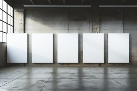 A striking, oversized mockup frame commanding attention as it stands on a rugged, industrial-style metal floor. Generative AIの素材