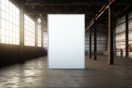 A dramatic, oversized mockup frame positioned on a metallic industrial floor, creating a captivating visual contrast. Generative AIの素材