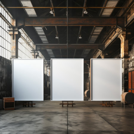 A dramatic, oversized mockup frame positioned on a metallic industrial floor, creating a captivating visual contrast. Generative AIの素材