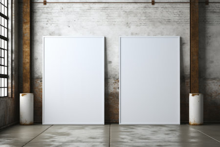 A commanding, grand mockup frame standing tall on a sturdy, metallic industrial-style floor, demanding admiration. Generative AIの素材