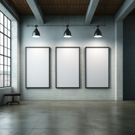A dramatic, oversized mockup frame positioned on a metallic industrial floor, creating a captivating visual contrast. Generative AIの素材