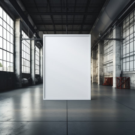 A striking, oversized mockup frame commanding attention as it stands on a rugged, industrial-style metal floor. Generative AIの素材