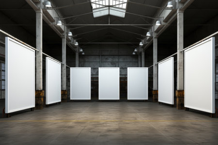 A striking, oversized mockup frame commanding attention as it stands on a rugged, industrial-style metal floor. Generative AIの素材