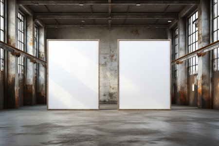 A commanding, grand mockup frame standing tall on a sturdy, metallic industrial-style floor, demanding admiration. Generative AIの素材