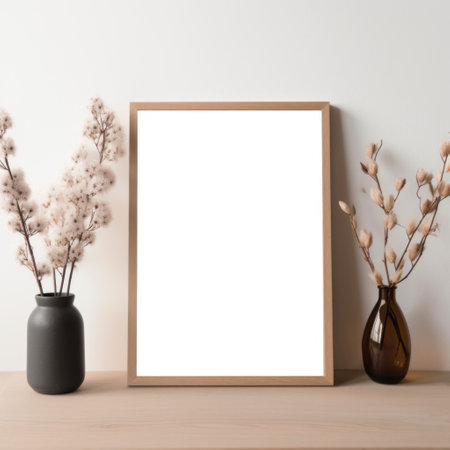 An empty frame and vases arranged on a wooden table, with a frame mockup complementing the minimalistic light brown and white background. Generative AIの素材