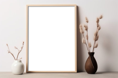 A minimalist aesthetic captured with a frame mockup, empty frames, and vases adorning a wooden table against a light brown and white backdrop. Generative AIの素材