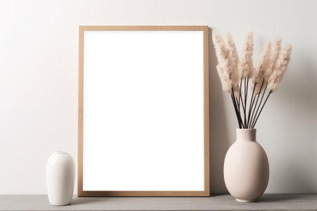 A minimalist aesthetic captured with a frame mockup, empty frames, and vases adorning a wooden table against a light brown and white backdrop. Generative AIの素材