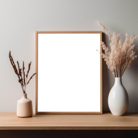 A serene setting featuring a frame mockup, an empty frame, and vases on a wooden table against a light brown and white minimalistic background. Generative AIの素材
