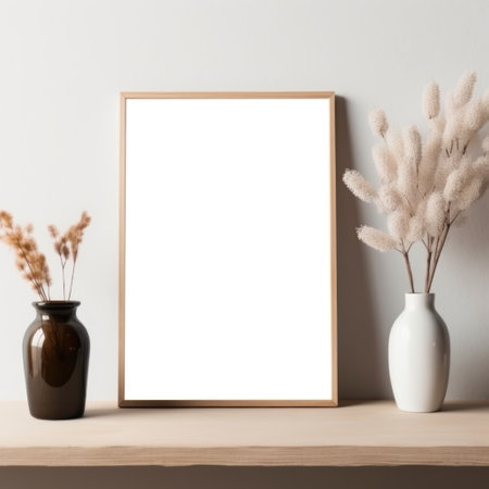 An empty frame and vases arranged on a wooden table, with a frame mockup complementing the minimalistic light brown and white background. Generative AIの素材
