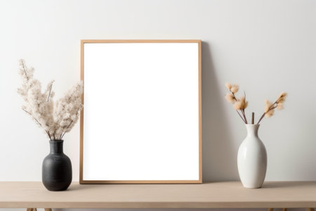 A minimalist aesthetic captured with a frame mockup, empty frames, and vases adorning a wooden table against a light brown and white backdrop. Generative AIの素材