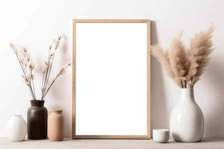 An empty frame and vases arranged on a wooden table, with a frame mockup complementing the minimalistic light brown and white background. Generative AIの素材