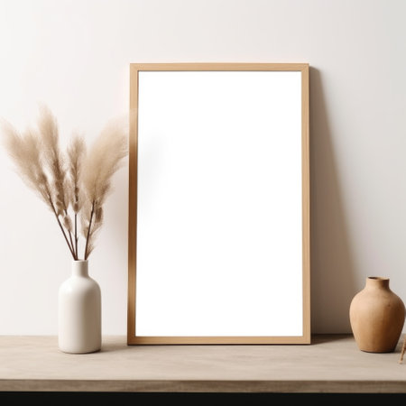 A minimalist aesthetic captured with a frame mockup, empty frames, and vases adorning a wooden table against a light brown and white backdrop. Generative AIの素材