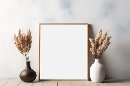 A minimalist aesthetic captured with a frame mockup, empty frames, and vases adorning a wooden table against a light brown and white backdrop. Generative AIの素材