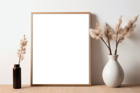 A serene setting featuring a frame mockup, an empty frame, and vases on a wooden table against a light brown and white minimalistic background. Generative AIの素材