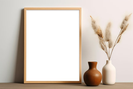 An empty frame and vases arranged on a wooden table, with a frame mockup complementing the minimalistic light brown and white background. Generative AIの素材