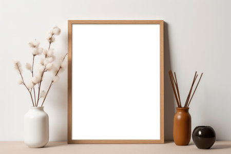 A minimalist aesthetic captured with a frame mockup, empty frames, and vases adorning a wooden table against a light brown and white backdrop. Generative AIの素材