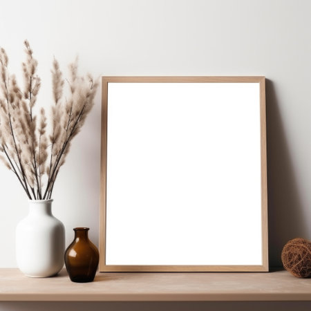 A minimalist aesthetic captured with a frame mockup, empty frames, and vases adorning a wooden table against a light brown and white backdrop. Generative AIの素材