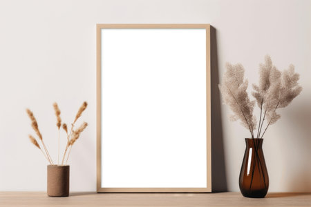 A serene setting featuring a frame mockup, an empty frame, and vases on a wooden table against a light brown and white minimalistic background. Generative AIの素材