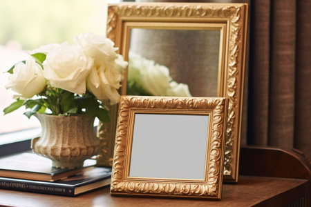 Antique side table adorned with a vintage-inspired photo frame, radiating old-world charm and capturing the essence of sophistication. Generative AIの素材