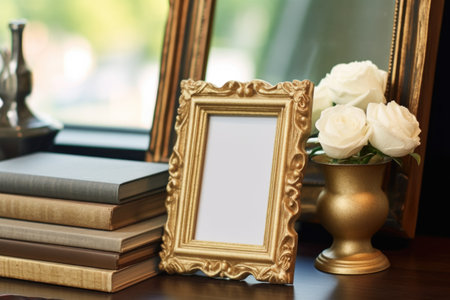 Mockup frame, Intricately designed vintage photo frame on an antique side table, epitomizing old-world charm and timeless sophistication. Generative AIの素材