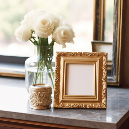 Mockup frame, Intricately designed vintage photo frame on an antique side table, epitomizing old-world charm and timeless sophistication. Generative AIの素材