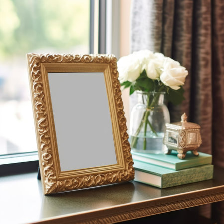 Mockup frame, Antique side table showcasing a vintage splendor photo frame, reflecting old-world charm and the epitome of sophistication. Generative AIの素材