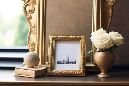 Mockup frame, Intricately designed vintage photo frame on an antique side table, epitomizing old-world charm and timeless sophistication. Generative AIの素材
