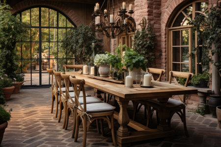 Cozy and inviting, a rustic dining room boasts a wooden table, mismatched chairs, and an oversized chandelier, setting a warm ambiance. Generative AIの素材