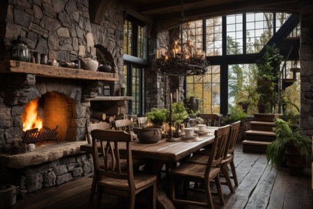 Cozy and inviting, a rustic dining room boasts a wooden table, mismatched chairs, and an oversized chandelier, setting a warm ambiance. Generative AIの素材