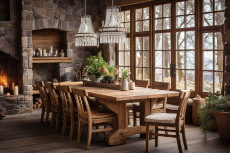 Cozy and inviting, a rustic dining room boasts a wooden table, mismatched chairs, and an oversized chandelier, setting a warm ambiance. Generative AIの素材