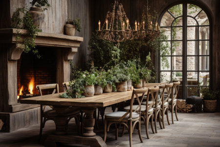 Cozy and inviting, a rustic dining room boasts a wooden table, mismatched chairs, and an oversized chandelier, setting a warm ambiance. Generative AIの素材