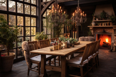 Cozy and inviting, a rustic dining room boasts a wooden table, mismatched chairs, and an oversized chandelier, setting a warm ambiance. Generative AIの素材