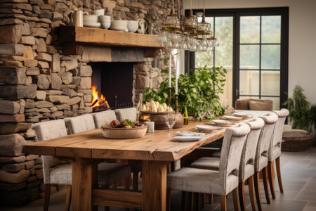 Cozy and inviting, a rustic dining room boasts a wooden table, mismatched chairs, and an oversized chandelier, setting a warm ambiance. Generative AIの素材