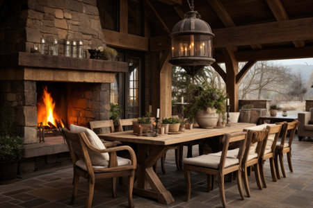 Cozy and inviting, a rustic dining room boasts a wooden table, mismatched chairs, and an oversized chandelier, setting a warm ambiance. Generative AIの素材