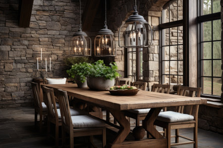 Cozy and inviting, a rustic dining room boasts a wooden table, mismatched chairs, and an oversized chandelier, setting a warm ambiance. Generative AIの素材