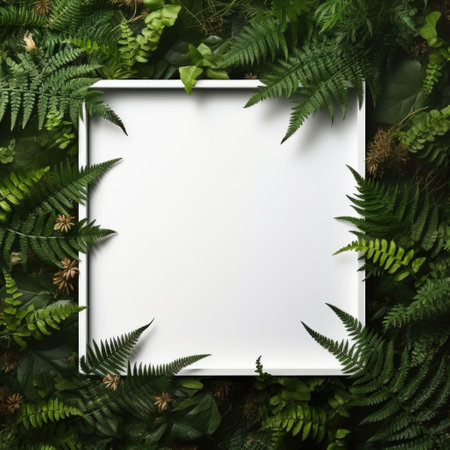 Mockup frame, A rustic wooden frame layout adorned with the gentle presence of overlapping fern leaves. Generative AIの素材