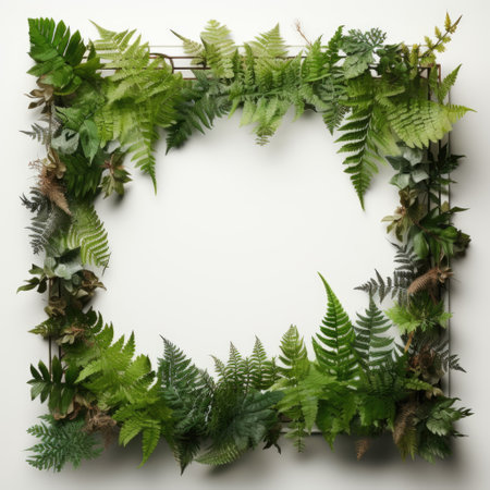 Mockup frame, A rustic wooden frame layout adorned with the gentle presence of overlapping fern leaves. Generative AIの素材