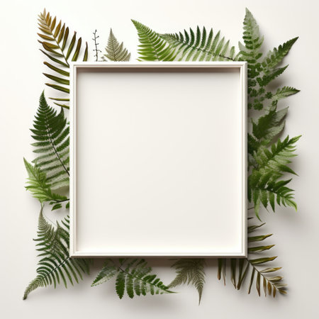 Mockup frame, A rustic wooden frame layout adorned with the gentle presence of overlapping fern leaves. Generative AIの素材