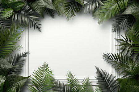 Mockup frame, A rustic wooden frame layout adorned with the gentle presence of overlapping fern leaves. Generative AIの素材